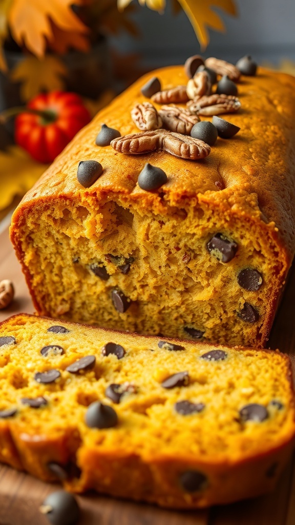 Creative Hacks for Trader Joe Sliced pumpkin bread with chocolate chips and nuts on a wooden cutting board, surrounded by autumn leaves.